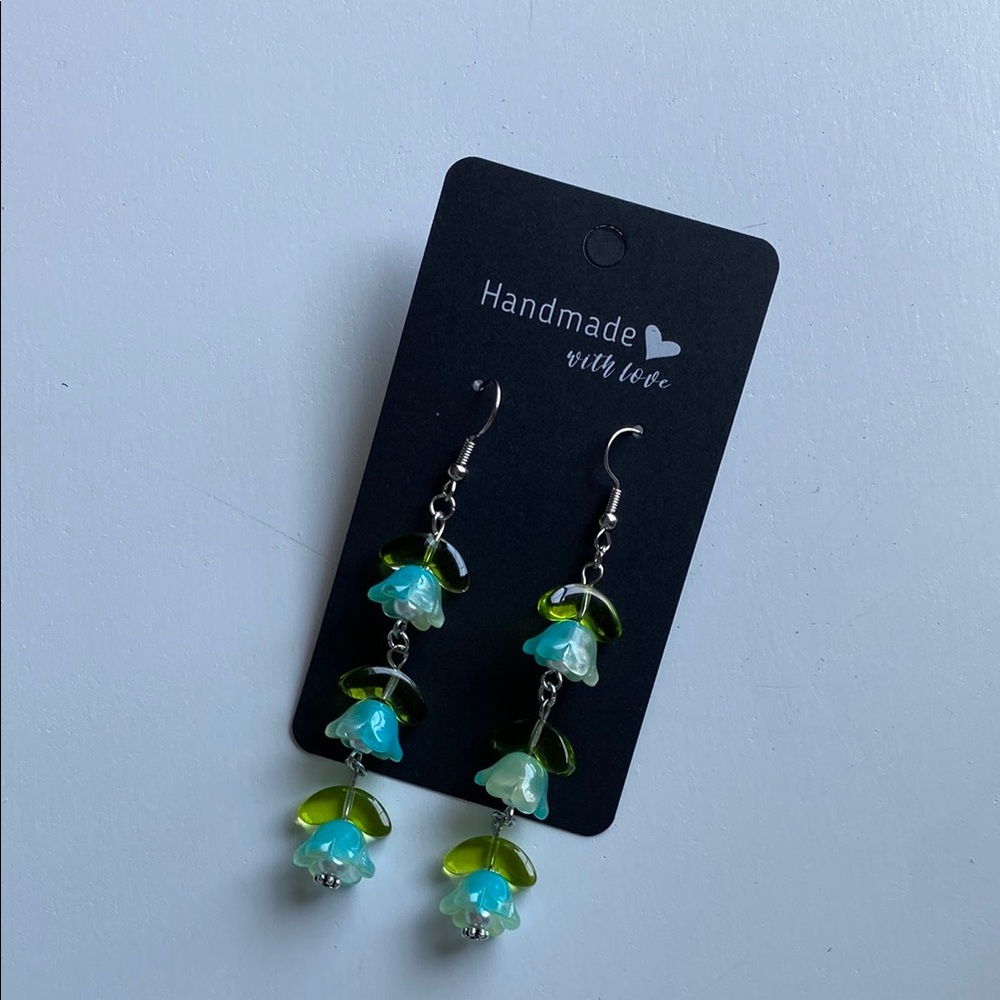 Handmade Green and Blue Flower Earrings